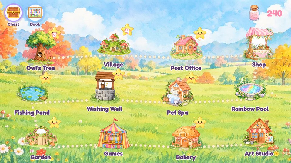 The village map with the Wishing Well, Pet Spa, Bakery and more