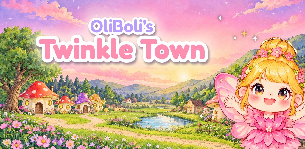OliBoli's Twinkle Town: Charlotte the fairy over a twilight village of mushroom houses